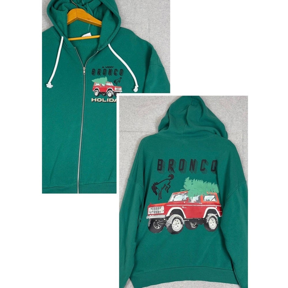 Ford Bronco Full Zip Hoodie Men L Green Holiday Tree Graphic Grayson Threads